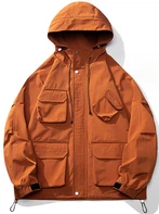 כתום Multi-Pocket Outdoor Cargo ז'קט עם ברדס